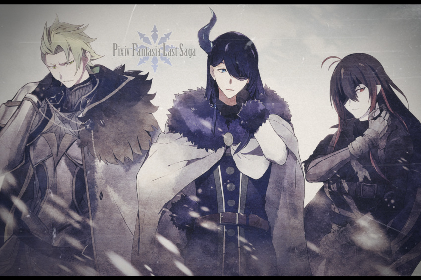 3boys armor bad_id bad_pixiv_id belt black_gloves black_hair blonde_hair blue_eyes cape commentary_request copyright_name eyepatch fur_trim gloves hair_over_one_eye hand_up horns long_sleeves male_focus multiple_boys murok_(pixiv_fantasia) pixiv_fantasia pixiv_fantasia_last_saga red_eyes rererenoren scratching_neck single_horn upper_body white_cape yellow_eyes