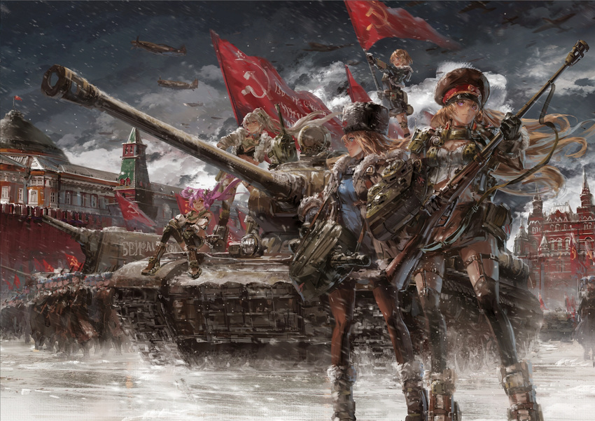 5girls :d aircraft airplane battle_standard caterpillar_tracks chinese_commentary commentary_request flag fur_trim gorget gun hammer_and_sickle hat is-2 kremlin kv-2 lena_tolubka long_hair mecha_musume military military_vehicle mixed-language_commentary moscow moscow_kremlin motor_vehicle multiple_girls natalia_borisova official_art open_mouth outdoors pantyhose panzer_waltz partial_commentary patriotism pink_hair ponytail red_square rifle russia russian_commentary russian_text serious smile snow snowing sophia_malinovskaya soviet soviet_flag state_historical_museum stu_dts suzanne_petrova tank thighhighs translated turret twintails vehicle_and_personification vehicle_focus war_flag weapon white_hair world_war_ii zoya_zhukova