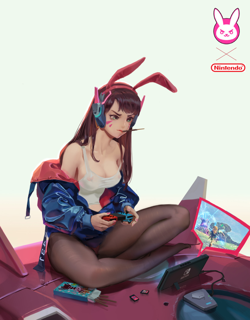 absurdres animal_ear_headphones animal_ears beige_background blue_jacket box breasts brown_eyes brown_hair brown_pantyhose cartridge chen_hg cleavage collarbone commentary controller copyright_name covered_nipples crossed_legs d.va_(overwatch) emblem facepaint facial_mark fake_animal_ears female fine_fabric_emphasis fingernails food food_in_mouth full_body furrowed_brow game_console game_controller gradient_background green_background guardian_(zelda) headphones highres holding indian_style indoors jacket link logo long_hair long_sleeves mecha medium_breasts meka_(overwatch) midriff mouth_hold nail_polish nintendo_switch nose off_shoulder overwatch overwatch_1 panties panties_under_pantyhose pantyhose pink_lips pink_nails pink_panties playing_games pocky rabbit_ear_headphones rabbit_ears robot shirt sitting sitting_on_mecha sleeveless sleeveless_shirt solo strap_gap strap_slip swept_bangs tank_top the_legend_of_zelda the_legend_of_zelda:_breath_of_the_wild thighband_pantyhose underwear whisker_markings white_shirt