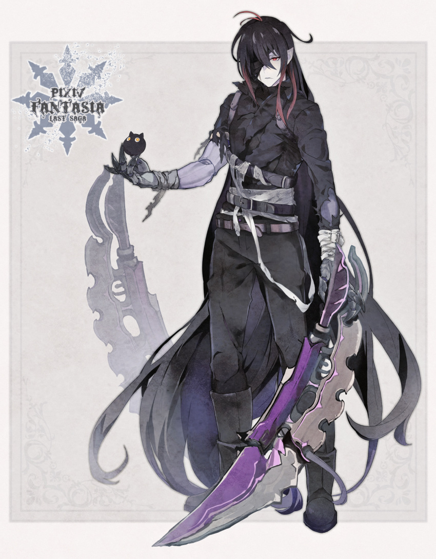 1boy absurdly_long_hair antenna_hair bad_id bad_pixiv_id bandages belt black_footwear black_hair black_pants blade claws commentary_request copyright_name doll_joints dual_wielding full_body gloves gradient_hair grey_gloves hair_over_one_eye highres holding holding_weapon joints long_hair looking_at_viewer male_focus multicolored_hair murok_(pixiv_fantasia) pale_skin pants pixiv_fantasia pixiv_fantasia_last_saga planted pointy_ears red_eyes red_hair rererenoren simple_background solo standing torn_clothes very_long_hair weapon yellow_eyes