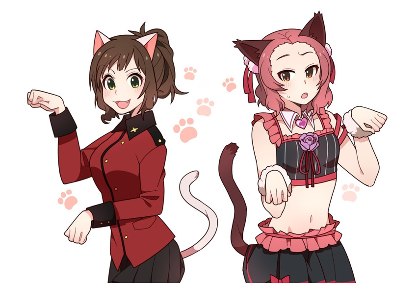 2girls animal_ears bad_id bad_twitter_id blush brown_eyes brown_hair cat_ears cat_tail cosplay costume_switch cowboy_shot flower girls_und_panzer green_eyes groin idolmaster idolmaster_cinderella_girls ilhi maekawa_miku maekawa_miku_(cosplay) midriff military military_uniform multiple_girls navel oerba_yun_fang over_the_collar_(idolmaster) paw_pose paw_print pink_hair raised_eyebrows rose rosehip_(girls_und_panzer) rosehip_(girls_und_panzer)_(cosplay) short_hair st._gloriana's_military_uniform sweatdrop tail takamori_natsumi uniform voice_actor_connection white_background