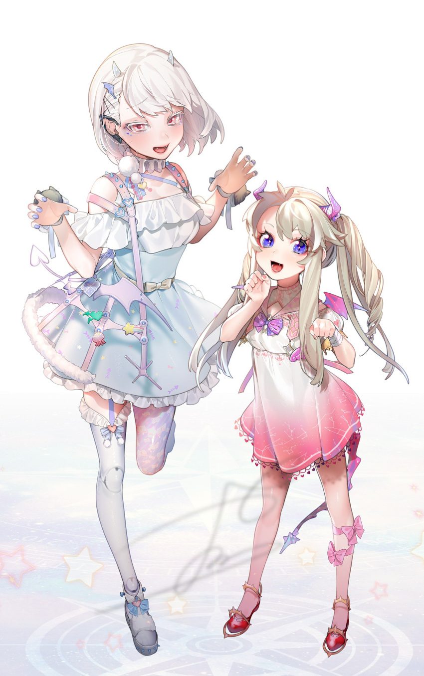 2girls :d absurdres bad_id bad_twitter_id blue_dress blue_eyes blue_nails blush breasts claw_pose decora demon_tail demon_wings dress earrings embarrassed fingernails hands_up head_wings herme_(ohisashiburi) highres horns jewelry long_hair looking_at_viewer multiple_girls nacchan_(ohisashiburi) nail_polish ohisashiburi open_mouth original paw_pose pink_dress pom_pom_(clothes) purple_eyes red_eyes red_footwear short_dress short_hair slit_pupils small_breasts smile standing standing_on_one_leg tail thighhighs twintails white_hair white_legwear wings