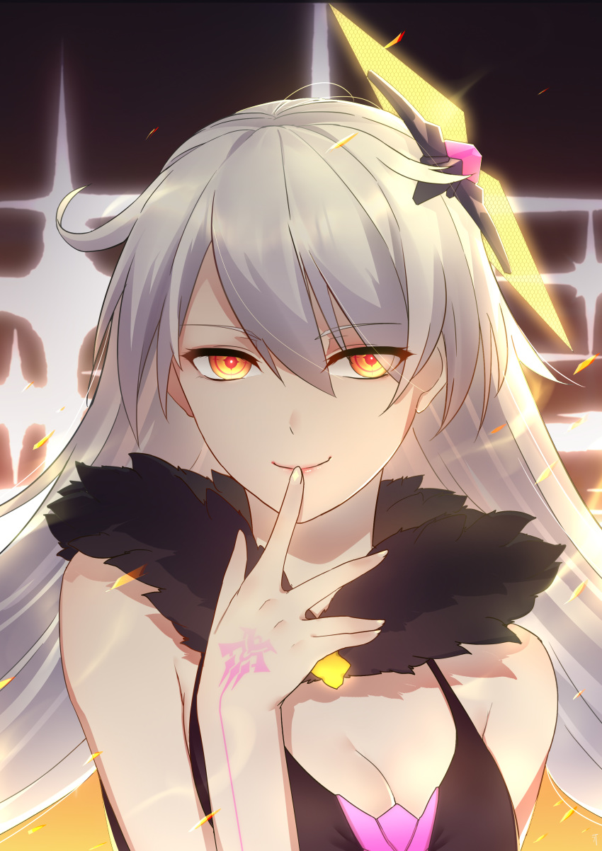 7t absurdres argyle bare_shoulders black_dress breasts cleavage commentary_request dress evil_smile eyes_visible_through_hair female finger_to_mouth fur_trim glowing hair_between_eyes hair_ornament highres honkai_(series) honkai_impact_3rd kiana_kaslana kiana_kaslana_(herrscher_of_the_void) long_hair looking_at_viewer medium_breasts ringed_eyes smile solo symbol-shaped_pupils tattoo upper_body white_hair yellow_eyes