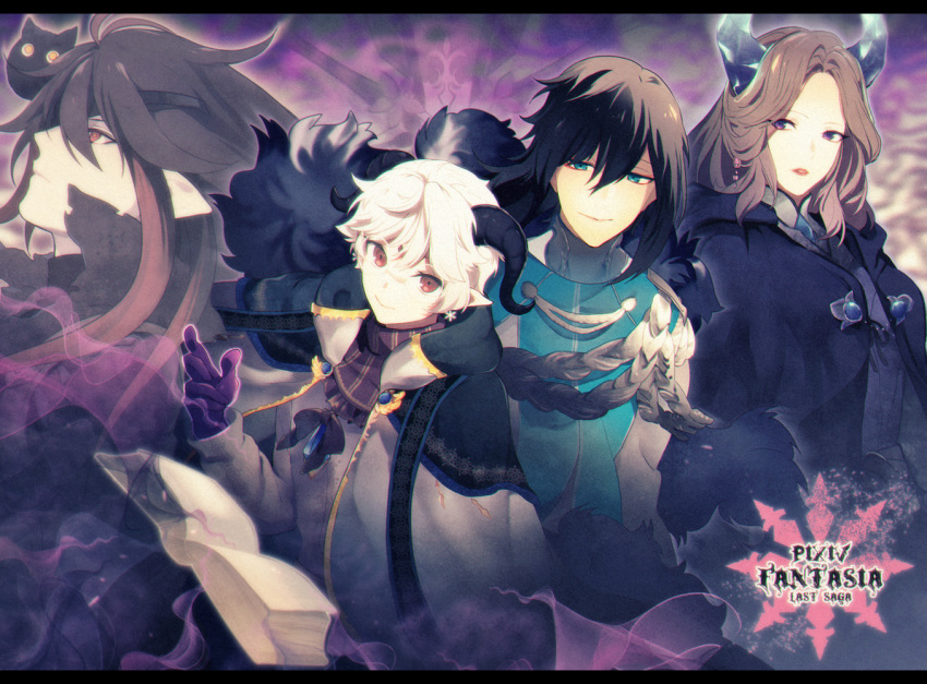 3boys bad_id bad_pixiv_id black_capelet black_cat black_hair blue_eyes book brown_hair capelet commentary_request copyright_name earrings feline female fur_trim gloves grimm_(pixiv_fantasia_last_saga) hair_between_eyes holding holding_book horns jewelry long_hair looking_at_viewer ludvica_(pixiv_fantasia_last_saga) multiple_boys murok_(pixiv_fantasia) nebura_tarzanite open_book pixiv_fantasia pixiv_fantasia_last_saga pointy_ears purple_gloves red_eyes rererenoren smile upper_body white_hair