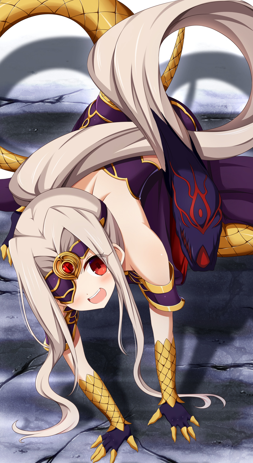 :d absurdres bare_shoulders commentary_request cosplay eyepatch eyes_visible_through_hair fangs fate/kaleid_liner_prisma_illya fate_(series) female gloves gorgon_(fate) gorgon_(fate)_(cosplay) grey_hair highres illyasviel_von_einzbern long_hair looking_at_viewer medusa_(fate) morokoshi_(tekku) open_mouth ponytail prehensile_hair prisma_illya red_eyes scales smile solo tail teeth upper_teeth_only very_long_hair