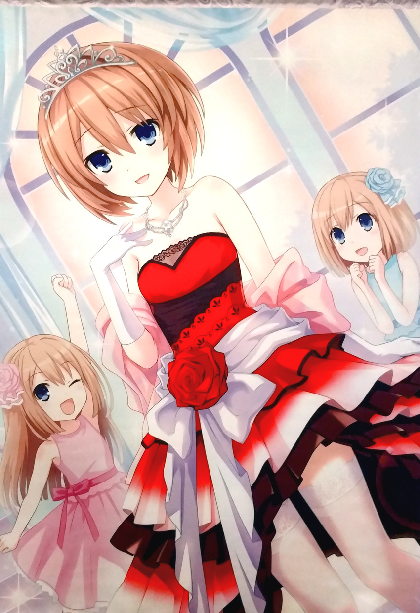 3girls absurdres arm_up bare_shoulders blanc_(neptunia) blue_bow blue_dress blue_eyes blue_flower blue_rose blush bow breasts brown_hair clenched_hands collarbone curtains dress dutch_angle elbow_gloves flower frilled_dress frills gekijigen__blanc_+_neptune_vs_zombie_gundan gloves gradient hair_between_eyes hair_flower hair_ornament hand_on_own_chest hands_up happy highres indoors jewelry lace lace-trimmed_dress lace-trimmed_legwear lace_trim layered_dress lens_flare long_hair looking_at_viewer multiple_girls necklace neptune_(series) official_art one_eye_closed open_mouth petticoat pink_bow pink_dress pink_flower pink_rose raised_fist ram_(neptunia) red_dress red_flower red_rose ribbon rom_(neptunia) rose sash scan see-through shawl short_hair siblings sisters skirt_hold sky sleeveless sleeveless_dress small_breasts smile sparkle stairs standing strapless strapless_dress thighhighs tiara tree tsunako twins white_sash white_thighhighs window zettai_ryouiki