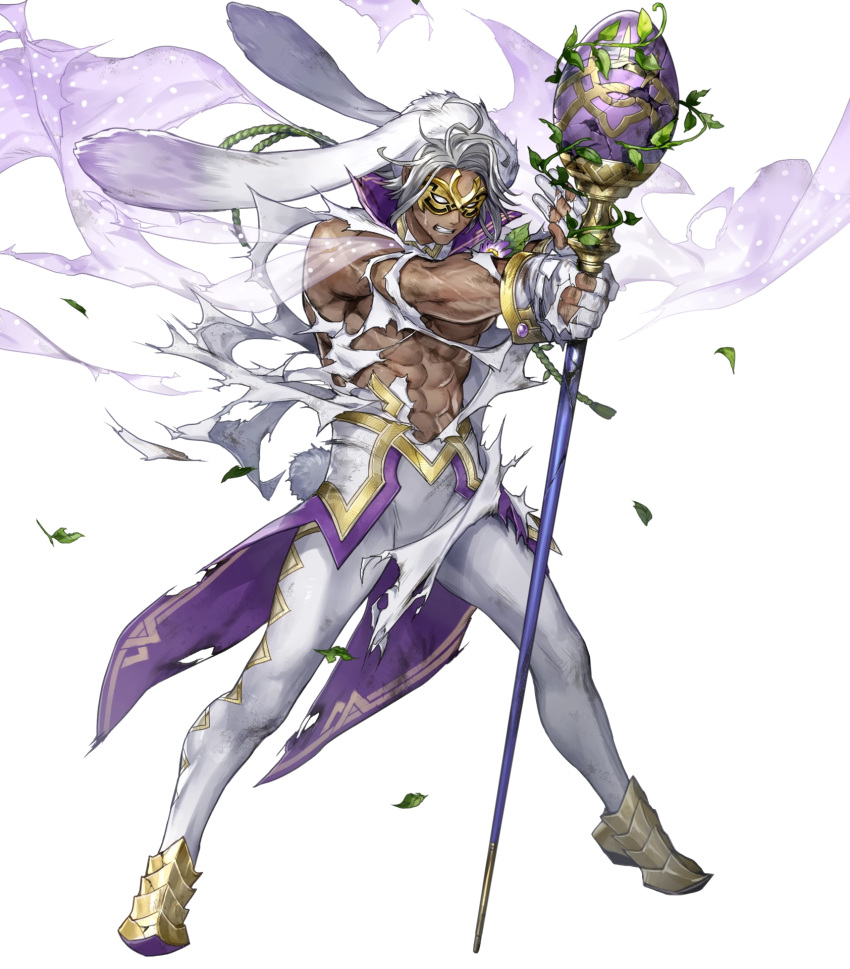 1boy abs animal_ears bruno_(spring)_(fire_emblem) cape dark_skin egg fire_emblem fire_emblem_heroes flower full_body gloves grey_hair highres injury leaf male_focus mask muscular mysterious_man_(fire_emblem) official_alternate_costume official_art p-nekor rabbit_ears solo teeth torn_clothes transparent_background