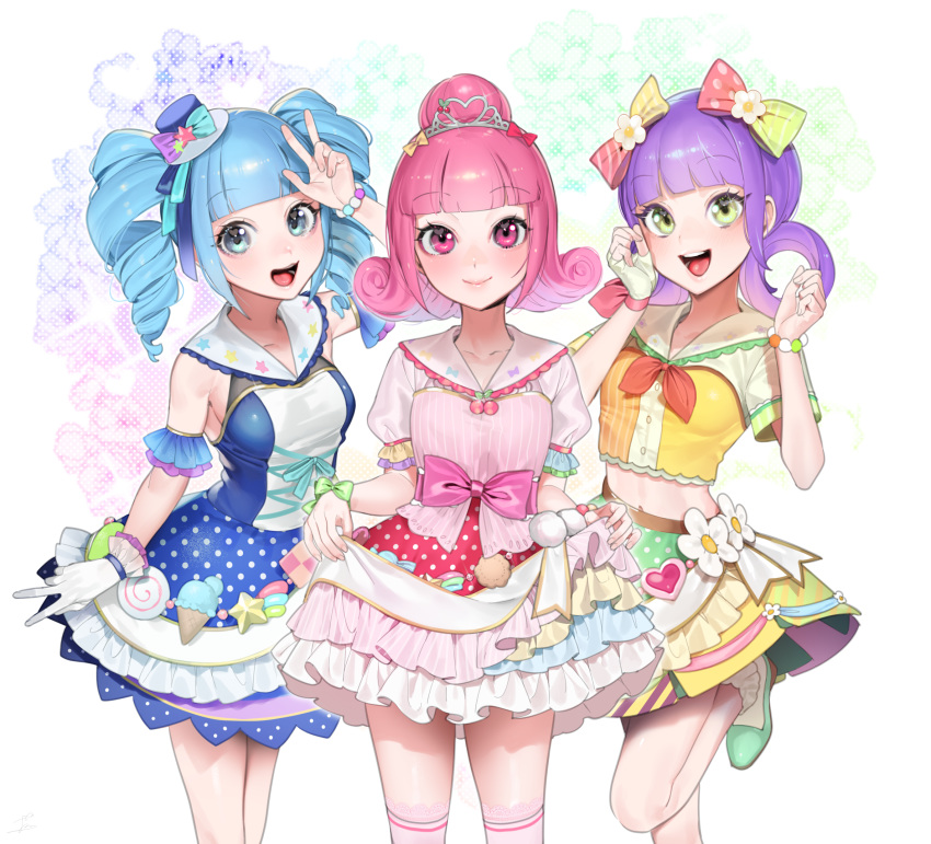 3girls :d bad_id bad_pixiv_id bare_legs berry_(shining_star) blue_dress blue_eyes blue_hair blunt_bangs bow bowtie bracelet closed_mouth curly_hair decora detached_sleeves dress drill_hair feet_out_of_frame flower frilled_skirt frills gloves green_eyes green_footwear hairbow hand_up hat highres idol jewelry leg_up looking_at_viewer midriff mini_hat multiple_girls ohisashiburi open_mouth over-kneehighs peach_(shining_star) pink_bow pink_eyes pink_hair purple_hair red_bow red_bowtie sailor_collar school_uniform serafuku shining_star shirt shoes short_hair short_sleeves skirt skirt_hold smile socks standing standing_on_one_leg tareme thighhighs tiara tilted_headwear twin_drills v vanilla_(shining_star) w white_flower white_gloves white_legwear yellow_bow yellow_shirt yellow_skirt zettai_ryouiki