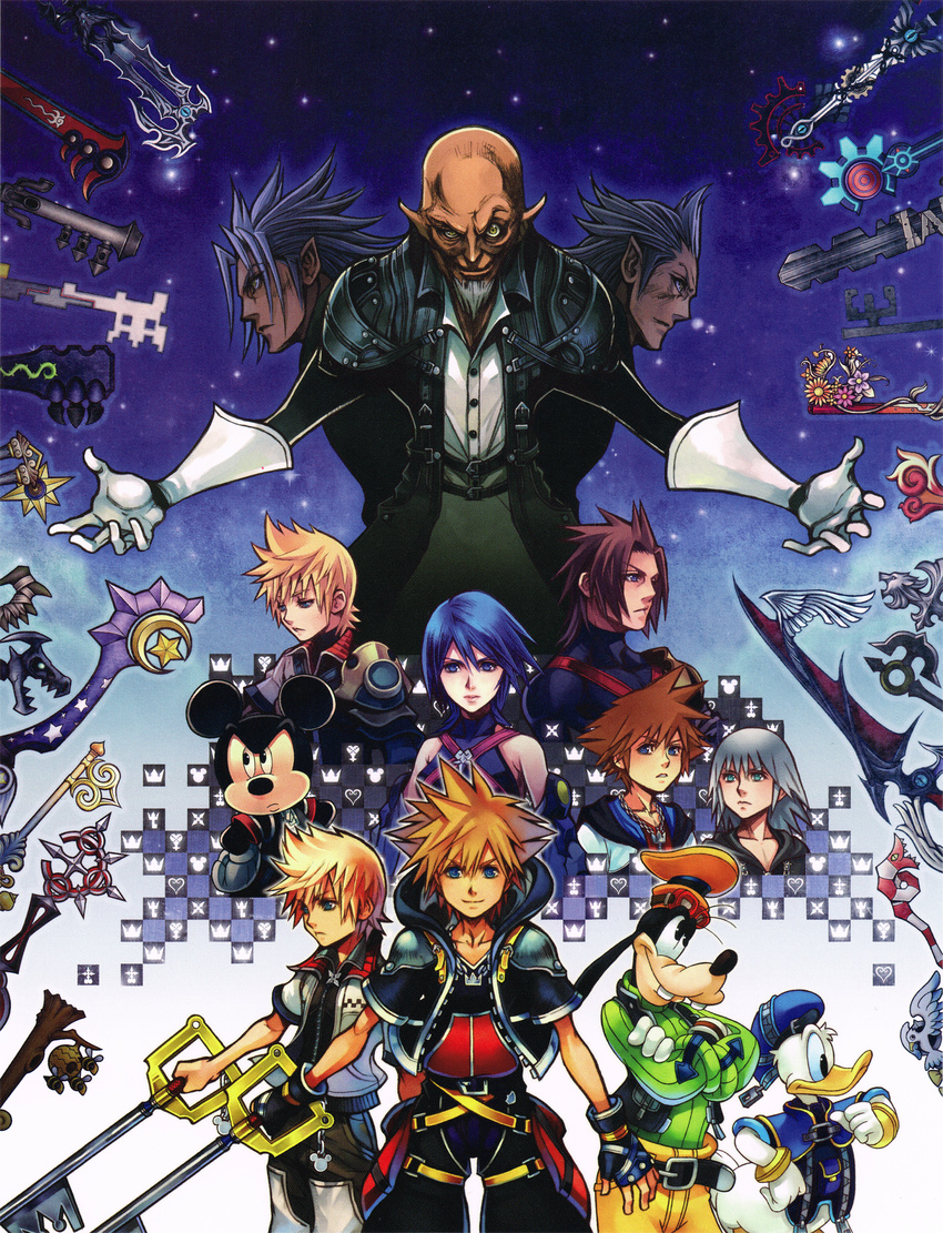 6+boys ansem_seeker_of_darkness aqua_(kingdom_hearts) bald brown_hair cover disney donald_duck female furry goofy highres keyblade kingdom_hearts kingdom_hearts_birth_by_sleep kingdom_hearts_ii kingdom_key looking_at_viewer master_xehanort mickey_mouse multiple_boys multiple_persona no_name_(keyblade) nomura_tetsuya official_art pointy_ears riku_(kingdom_hearts) sora_(kingdom_hearts) sparkle spiked_hair square_enix terra_(kingdom_hearts) ventus_(kingdom_hearts) video_game_cover way_to_the_dawn weapon xemnas