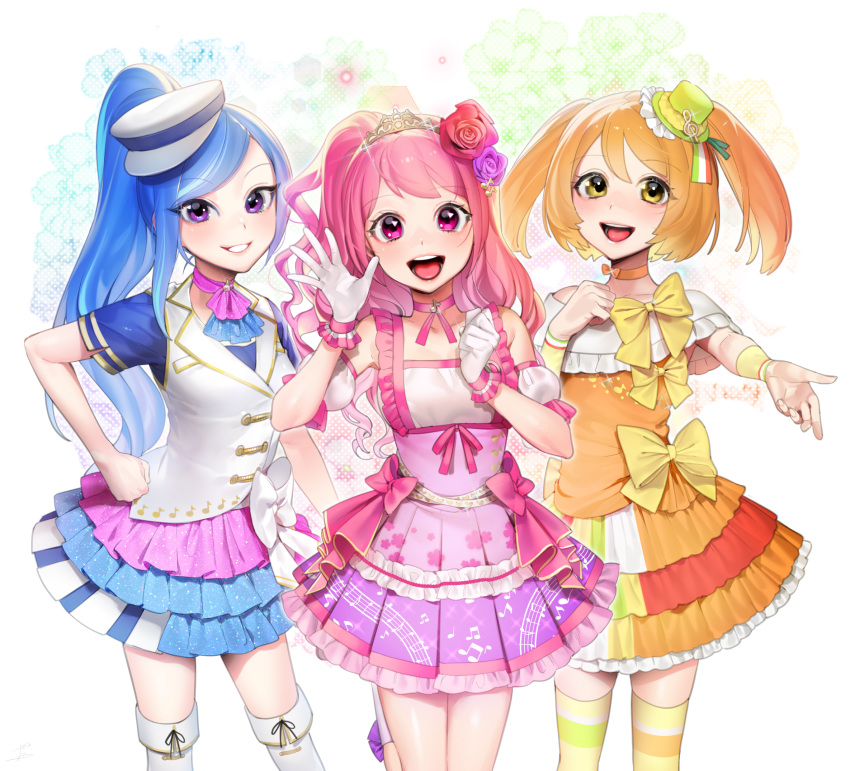 3girls :d ascot bad_id bad_pixiv_id blue_hair blush boots bow buttons capelet chae_na-ra choker colorful detached_sleeves double-breasted flower glint gloves gold_trim hair_flower hair_ornament hand_on_own_hip hand_up hat highres idol knee_boots layered_skirt long_hair looking_at_viewer mini_hat multiple_girls musical_note ohisashiburi open_mouth orange_hair pastel_colors pink_bow pink_choker pink_eyes pink_hair pink_skirt pleated_skirt puffy_short_sleeves puffy_sleeves purple_eyes purple_flower purple_rose red_flower red_rose rose round_teeth shining_star short_sleeves skirt smile socks standing standing_on_one_leg teeth thighhighs tiara tilted_headwear twintails underbust vest waving white_capelet white_footwear white_gloves white_hat white_vest wristband yang_song-yi yellow_bow yellow_eyes yellow_legwear yoon_shi-a