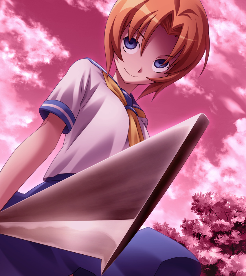 blue_eyes empty_eyes female game_cg hashitsuki_nata highres higurashi_no_naku_koro_ni nata_(tool) official_art orange_hair rato ryuuguu_rena school_uniform serafuku short_hair sky smile solo tree weapon