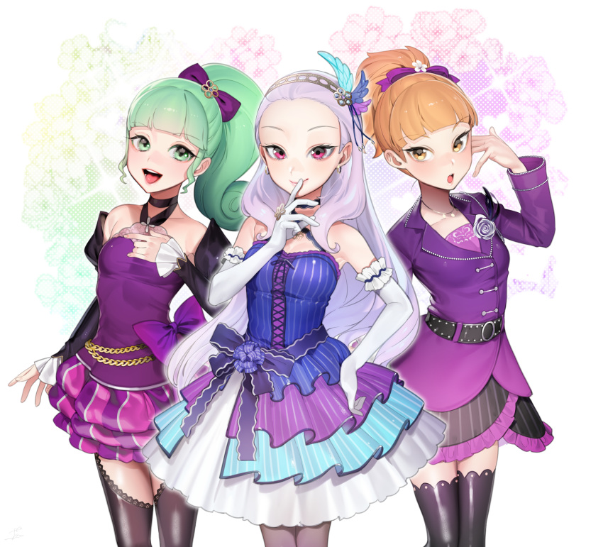 3girls :d :o bad_id bad_pixiv_id bare_shoulders belt black_choker black_legwear blue_dress bow breasts choker detached_sleeves dress elbow_gloves fingernails flower gloves green_eyes green_hair grey_legwear hair_flower hair_ornament hairband hairbow hand_on_own_chest hand_up highres idol jacket jewelry kang_hae-ra light_purple_hair lili_(shining_star) long_hair long_sleeves multiple_girls necklace ohisashiburi open_mouth orange_eyes orange_hair ponytail purple_dress purple_jacket red_eyes roju_(shining_star) shining_star short_dress short_hair small_breasts smile thighhighs very_long_hair white_gloves