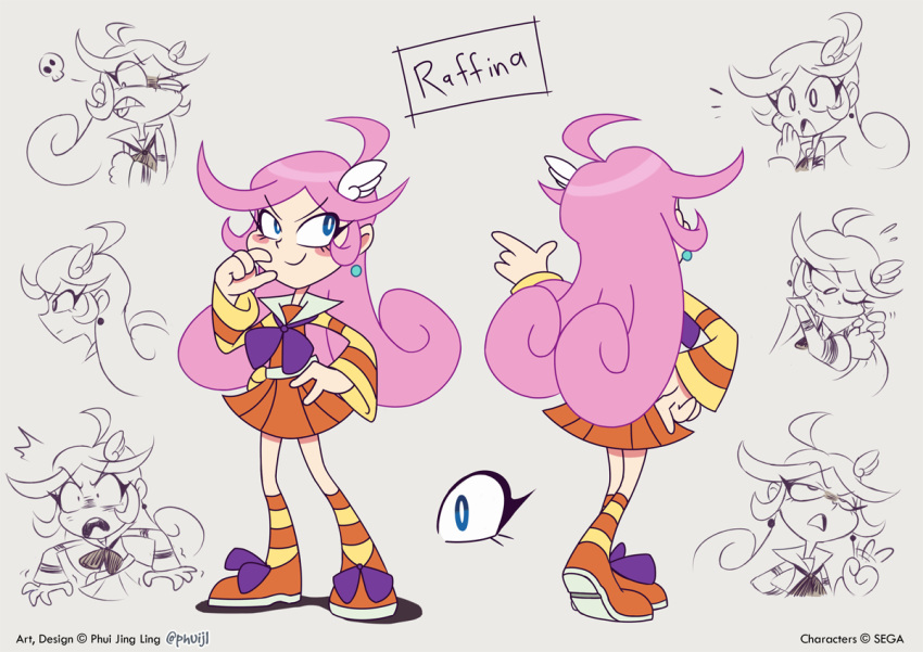 character_sheet earring feather_in_hair feathers female hand_on_hip model_sheet phuijl pink_hair puyo_puyo_tetris puyopuyo raffine raffine_(puyopuyo) school_uniform sega skirt striped_socks various_expressions