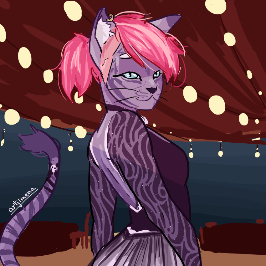 1:1 alternative_fashion artjimena ass butt_pose clothing domestic_cat dress ear_piercing felid feline felis goth hair hi_res looking_at_viewer mammal monster_prom piercing pink_hair ponytail pose punk punk_hair purple_hair solo undercut valerie_oberlin