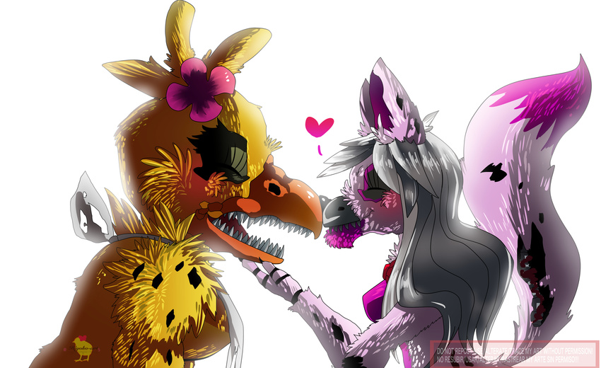 animatronic anthro avian bird canid canine chicken claws digital_media_(artwork) duo fangs female five_nights_at_freddy's five_nights_at_freddy's_4 flower fox fur galliform gallus_(genus) hair heart_symbol hi_res hiyoko kissing machine mammal nightmare_chica_(fnaf) nightmare_mangle_(fnaf) phasianid plant robot scottgames smile teeth white_hair yellow_body yellow_fur