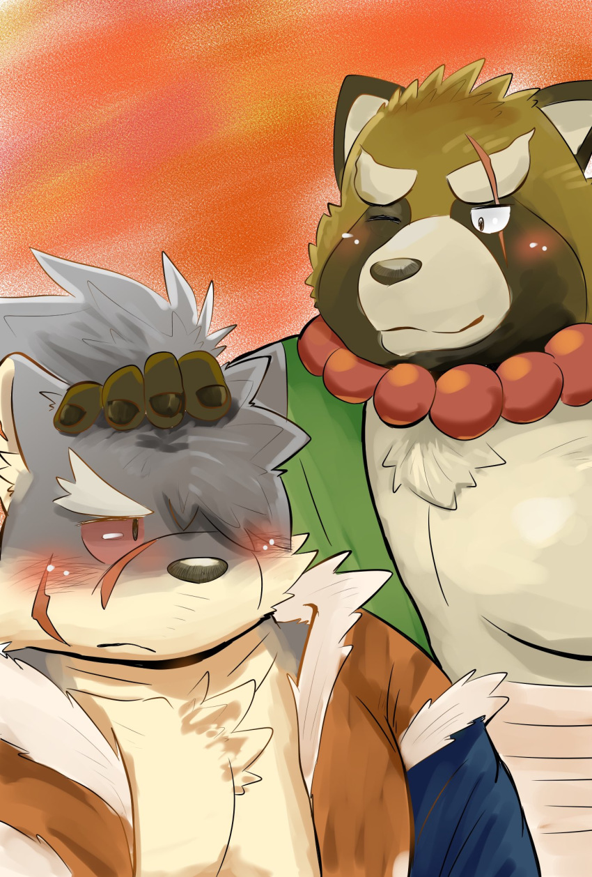 anthro blush canid canine canis domestic_dog duo eye_scar facial_scar gyobu_(tas) hair head_pat hi_res jewelry lifewonders male male/male mammal morosuhe necklace ponytail raccoon_dog scar shino_(tas) slightly_chubby tanuki tokyo_afterschool_summoners