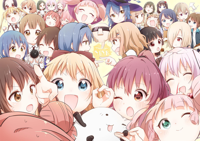 6+girls akaza_akane akaza_akari azuma_shihoko bafarin ball black_hair blonde_hair blood blue_eyes blue_hair bow brown_eyes brown_hair closed_eyes closed_mouth collarbone commentary_request dezaki_takane double_bun everyone facing_another flower funami_mari funami_yui furutani_himawari furutani_kaede ganbo glasses green_hair hair_bobbles hair_bun hair_ornament hair_over_one_eye hairband hairbow hairclip hat highres holding holding_ball ikeda_chitose ikeda_chizuru index_finger_raised kitamiya_hatsumi koyama_haruka looking_at_another looking_at_viewer matsumoto_rise minamino_tsubasa mirakurun miwa_ai multiple_girls namori_(character) nishigaki_nana nosebleed ogawa_kokoro ok_sign one_eye_closed oomuro_hanako oomuro_nadeshiko oomuro_sakurako open_mouth pink_hair pointing pointing_at_another ponytail purple_eyes purple_hair red_bow red_eyes red_flower red_rose rivalun rose short_hair short_twintails sonokawa_megumi souma_mirai sugiura_ayano takasaki_misaki_(yuru_yuri) thick_eyebrows toshinou_kyouko twintails volleyball volleyball_(object) white_hair witch_hat yaeno_miho yoshikawa_chinatsu yoshikawa_tomoko yuru_yuri