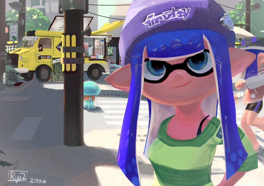 2019 2girls beanie bike_shorts blue_eyes blue_hair closed_mouth commentary_request dated day food_truck green_shirt hat highres inkling inkling_girl inkling_player_character jellyfish_(splatoon) leg_up long_hair long_sleeves looking_at_viewer motor_vehicle multiple_girls outdoors pointy_ears power_lines purple_headwear ryuji_(red-truth) shirt single_vertical_stripe sleeves_past_elbows smile solo_focus splatoon_(series) splatoon_2 striped_clothes striped_shirt tentacle_hair traffic_light truck