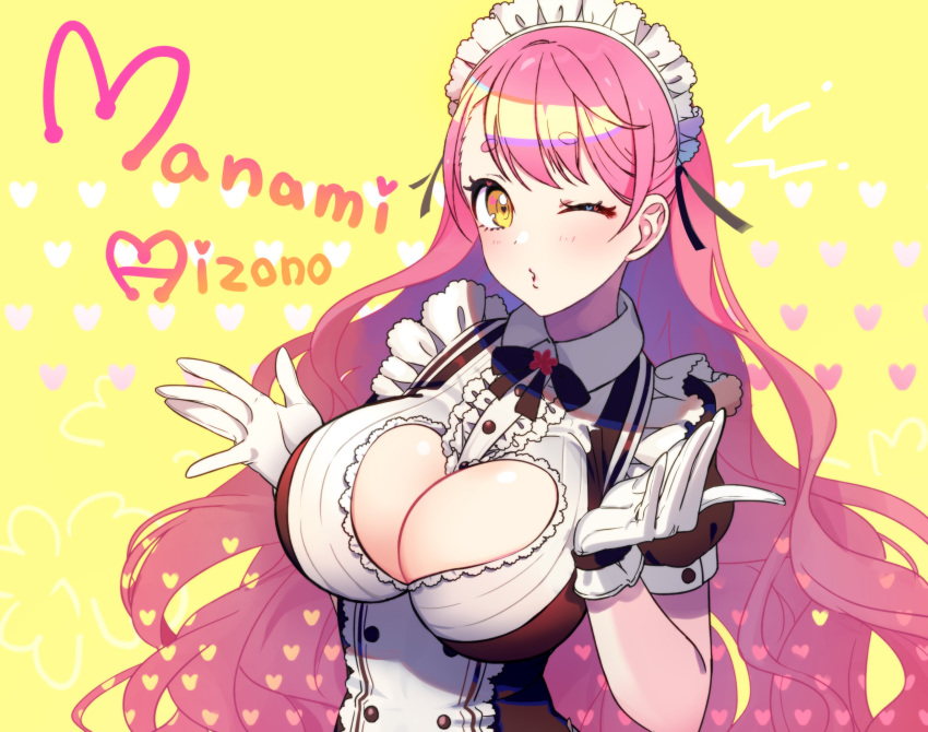 absurdres aizono_manami aizono_manami_(1st_costume) blush breasts buttons character_name cleavage cleavage_cutout clothing_cutout commentary eyelashes female frills gloves heart heart-shaped_pupils highres large_breasts long_hair looking_at_viewer maid_headdress nijisanji one_eye_closed parted_lips pink_hair puffy_short_sleeves puffy_sleeves short_eyebrows short_sleeves solo symbol-shaped_pupils thick_eyebrows unmoving_pattern upper_body very_long_hair virtual_youtuber wavy_hair white_gloves yellow_background yellow_eyes yuura