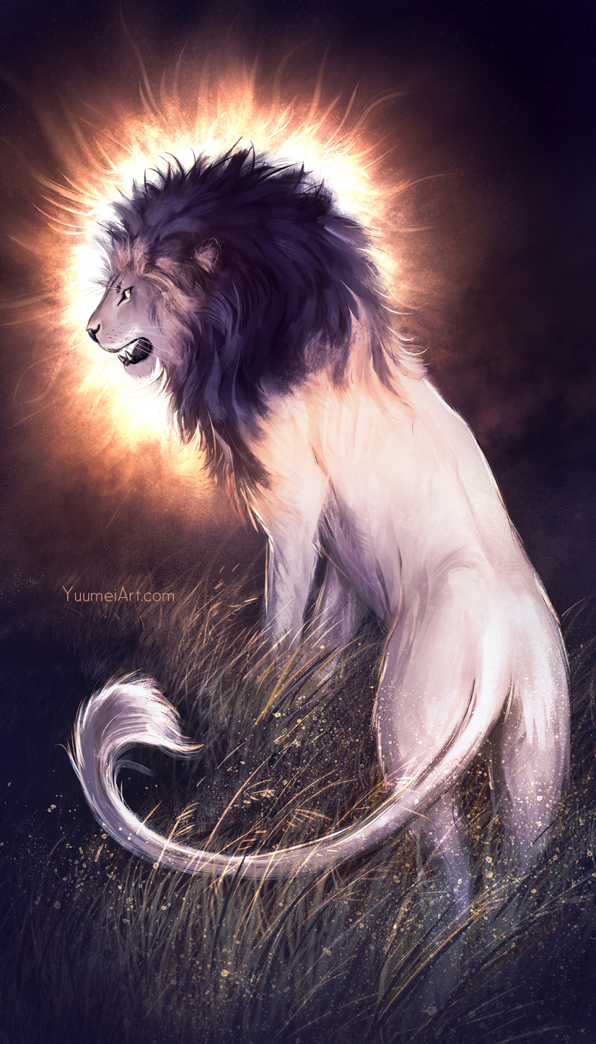 animal animal_focus bad_link commentary english_commentary fangs grass grassy highres lion lion_mane no_humans open_mouth original outdoors profile solo sunrise third-party_source watermark web_address yuumei