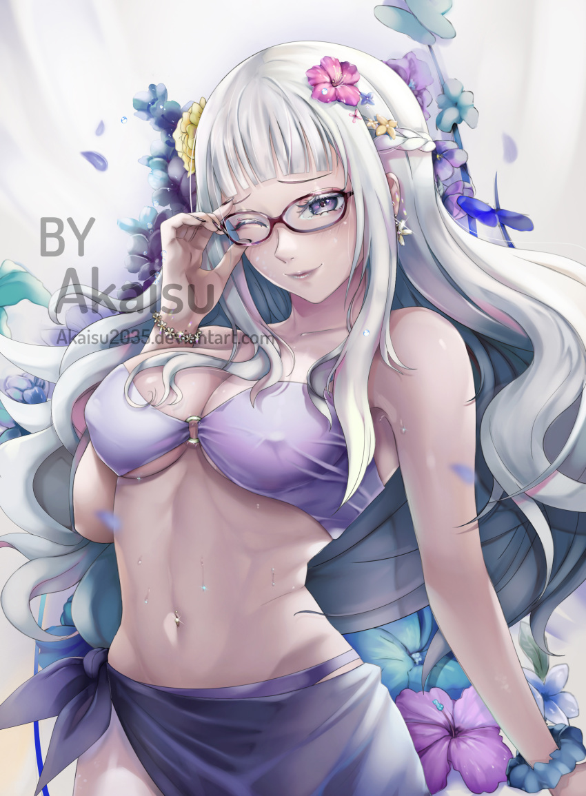 absurdres akaisu bare_shoulders bikini black_nails blue_bikini blue_bra blush bra bracelet breasts cleavage earrings erect_nipples fairy_tail female flower glasses hair_down hair_flowers highres hime_cut jewelry large_breasts long_hair looking_at_viewer mirajane_strauss nail_polish navel navel_piercing piercing purple_eyes shiny shiny_skin smile solo solo_focus standing swimsuit underwear white_hair