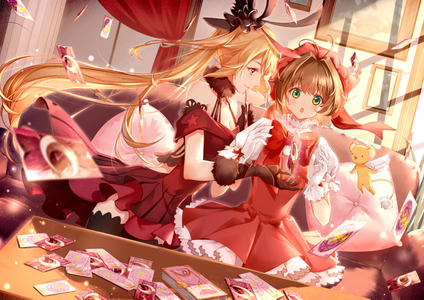 2girls antenna_hair black_legwear blonde_hair blurry blurry_foreground blush bow brown_gloves brown_hair card cardcaptor_sakura character_request cherry_blossoms chestnut_mouth chinese_commentary clouble commentary_request couch creature crescent crossover curtains depth_of_field dress dutch_angle elusha_(joker) forever_7th_capital fur-trimmed_gloves fur_trim gloves green_eyes hair_between_eyes hair_intakes hat highres holding holding_card indoors kero_(cardcaptor_sakura) kinomoto_sakura long_hair multiple_girls on_couch parted_lips picture_frame pillow pleated_dress profile puffy_short_sleeves puffy_sleeves red_dress red_eyes red_headwear sakura_card shirt short_sleeves sleeveless sleeveless_dress sunlight sunset table teeth thighhighs upper_teeth_only very_long_hair white_bow white_gloves white_shirt