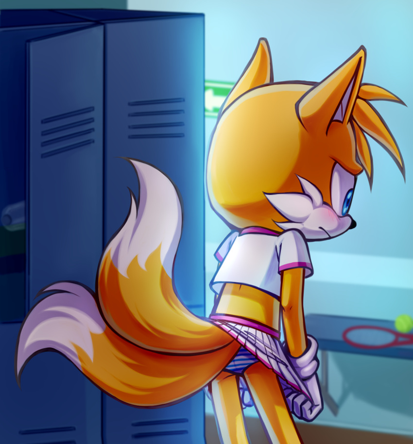 2_tails anthro ball blush bottomwear canid canine clothed clothing crossdressing fox hi_res male mammal multi_tail panties sega skirt solo sonic_the_hedgehog_(series) sport sportswear tail tail_under_skirt tails tennis tennis_ball tennis_racket topazice underwear upskirt