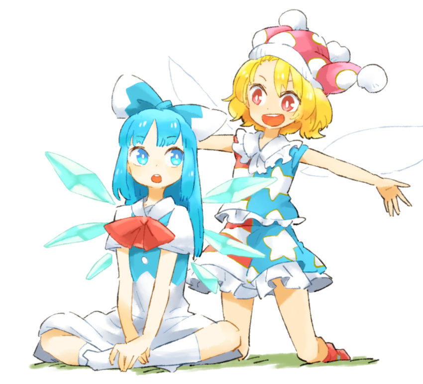 2girls adapted_costume alternate_hair_length alternate_hairstyle american_flag american_flag_print american_flag_shirt american_flag_skirt bare_arms behind_another blonde_hair blue_eyes blue_hair blue_vest bow buck_teeth cirno clownpiece commentary_request dress fairy_wings flag_print hairbow hairstyle_switch hands_on_own_leg hat indian_style jester_cap kneehighs kneeling long_hair looking_at_another multiple_girls open_mouth outstretched_arms own_hands_together parted_bangs petticoat print_shirt print_skirt red_eyes red_legwear red_neckwear ribbon shirt short_hair short_sleeves sidelocks sideways_glance simple_background sitting skirt sleeveless sleeveless_shirt socks spread_arms teeth touhou vest white_background white_dress white_legwear wings ziro_(daydozen)