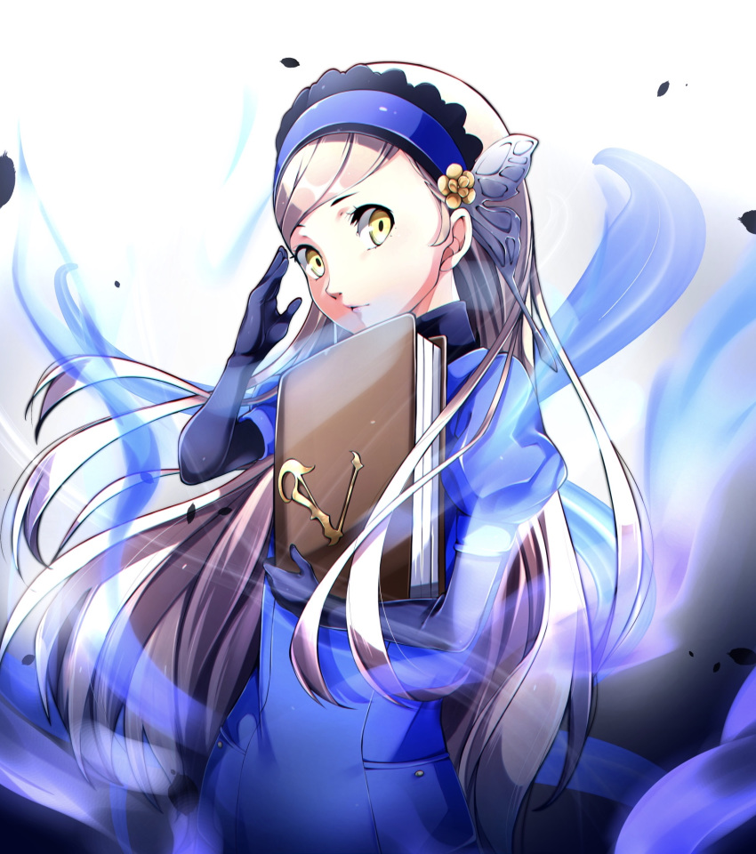 black_gloves blonde_hair blue_coat blue_hairband coat commentary_request elbow_gloves female floating_hair flower gloves hair_flower hair_ornament hairband highres holding lavenza_(persona_5) long_hair looking_at_viewer nakano_maru persona persona_5 short_sleeves simple_background solo standing swept_bangs very_long_hair white_background yellow_eyes yellow_flower