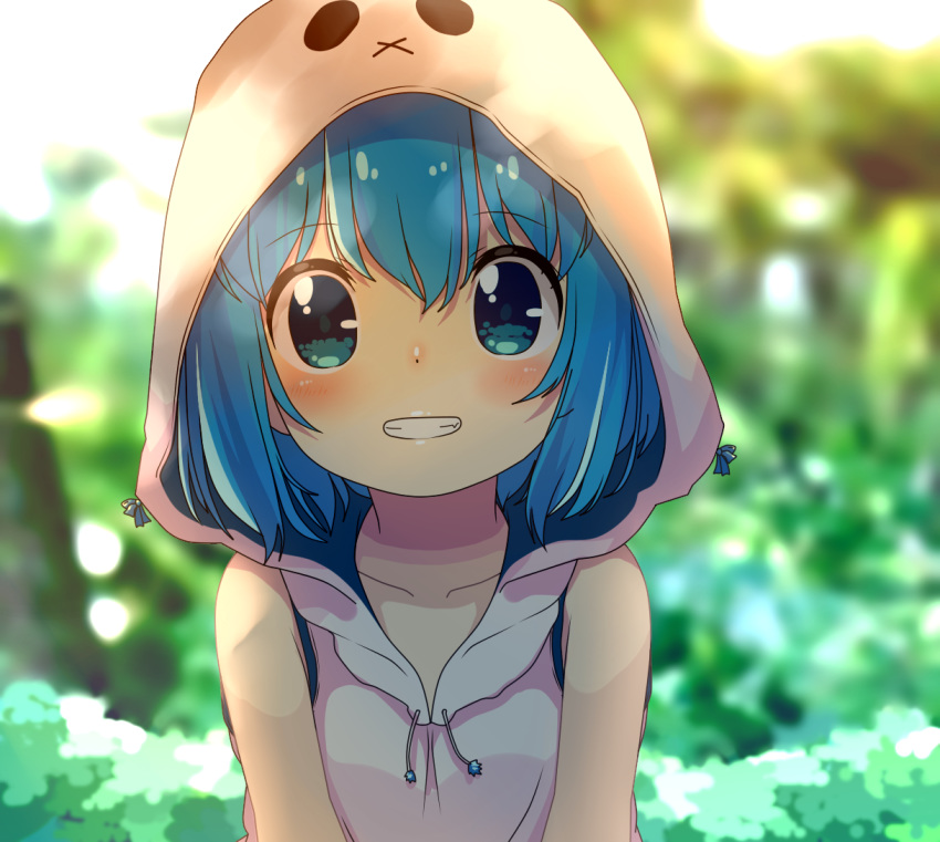 aoi_tori blue_eyes blue_hair commentary_request female grin hood original outdoors shirt short_hair smile solo teru-chan_(aoi_tori) upper_body white_shirt