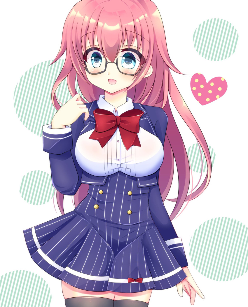 alternate_costume black-framed_eyewear blue_eyes blue_skirt blush bow breasts commentary_request cosplay esther_(sennen_sensou_aigis) female glasses heart highres long_hair long_sleeves looking_at_viewer miwa_uni pink_hair red_bow school_uniform sennen_sensou_aigis simple_background skirt solo standing thighhighs towa_(sennen_sensou_aigis) towa_(sennen_sensou_aigis)_(cosplay) very_long_hair white_background