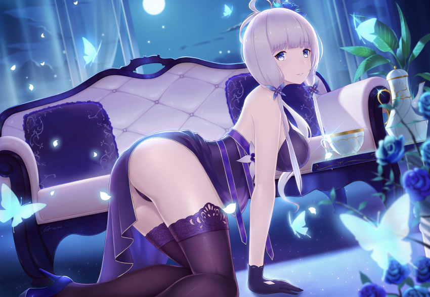 alexiel_(pixiv6211566) all_fours ass azur_lane bare_shoulders black_thighhighs blue_dress blue_eyes blue_flower blue_footwear blue_rose breasts cameltoe commentary_request couch cup curtains dress female flower full_moon gloves hair_ornament high_heels highres illustrious_(azur_lane) illustrious_(never-ending_tea_party)_(azur_lane) large_breasts looking_at_viewer low_twintails md5_mismatch moon moonlight night night_sky official_alternate_costume panties photoshop_(medium) resolution_mismatch revision rose sky solo source_smaller teacup teapot thighhighs thighs twintails underwear window