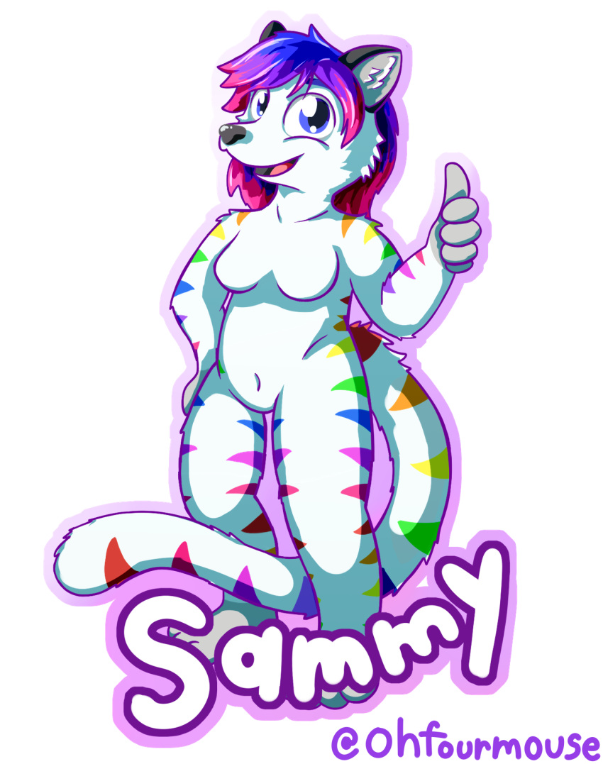 2019 alpha_channel anthro badge blue_eyes domestic_cat english_text felid feline felis female fur gesture hair hand_gesture hand_on_hip hi_res looking_at_viewer mammal multicolored_body multicolored_fur multicolored_hair ohfourmouse rainbow_body rainbow_fur sammy_(disambiguation) simple_background solo sparklefur standing text thumbs_up transparent_background white_body white_fur