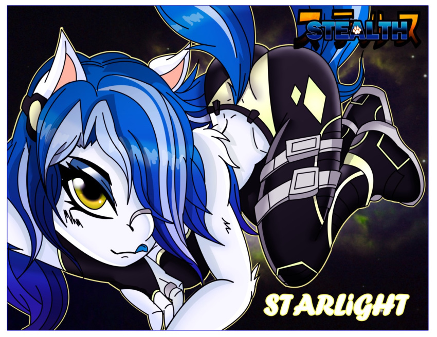 blue_hair boots border clothing cover darkfang100 darkfangcomics female footwear hair simple_background solo starlight_the_pony stealth_the_series tongue tongue_out white_border