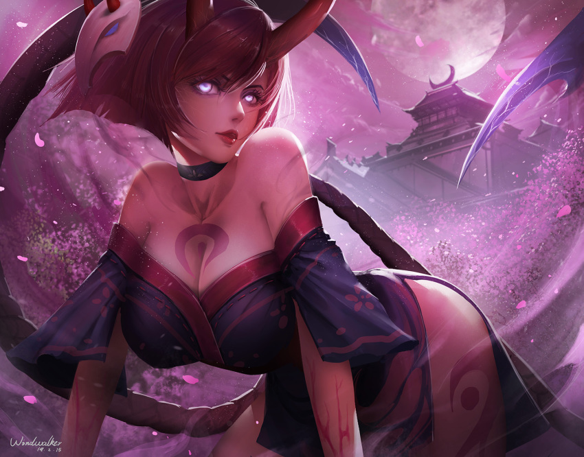 all_fours artist_name bare_arms bare_shoulders black_choker blood_moon_(league_of_legends) blood_moon_evelynn breasts chinese_commentary choker cleavage collarbone commentary_request evelynn_(league_of_legends) female full_moon glowing glowing_eyes hair_between_eyes hair_ornament highres horns japanese_clothes kimono league_of_legends long_hair looking_at_viewer moon night off_shoulder outdoors photoshop_(medium) red_horns red_lips sleeveless smile solo turewindwalker yellow_eyes