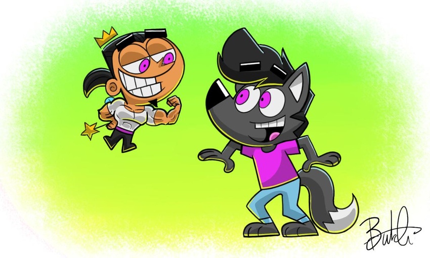 acstlu anthro april_fools'_day better_version_at_source black_hair canid canine crown duo fairy fox fur grey_body grey_fur hair headgear holidays juandissimo_magnifico magic_wand male mammal muscular nickelodeon parody phursie purple_eyes the_fairly_oddparents