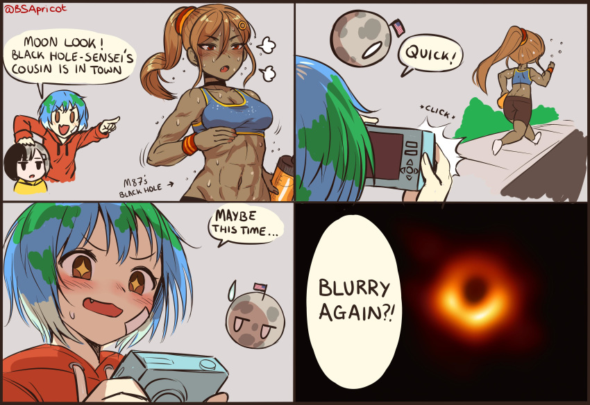 +_+ 3girls abs absurdres american_flag artist_name back bike_shorts black_hole blackhole-chan blue_hair blush brown_eyes brown_hair bsapricot bush camera camera_flash commentary dark-skinned_female dark_skin earth-chan english_commentary english_text green_hair grey_background highres holding holding_camera jacket m87_black_hole medium_hair moon moon-chan multiple_girls navel oerba_yun_fang orange_jacket original personification pointing ponytail red_eyes road running scrunchie short_hair shorts sparkling_eyes street sweat sweatdrop toned twitter_username