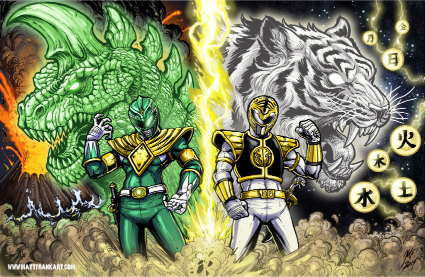 2boys arm_guards arm_up armor artist_name belt bodysuit clenched_hand commentary_request dagger dragon dragon_caesar dragon_ranger dragonzord gloves glowing gold_armor gold_trim gosei_sentai_dairanger green_bodysuit green_ranger hand_up helmet kiba_ranger knife kyouryuu_sentai_zyuranger lightning male_focus matt_frank mecha mighty_morphin_power_rangers multiple_boys open_hand photoshop_(medium) power_rangers retro_artstyle robot science_fiction shoulder_armor super_sentai sword tiger tokusatsu tommy_oliver weapon white_bodysuit white_ranger white_tigerzord