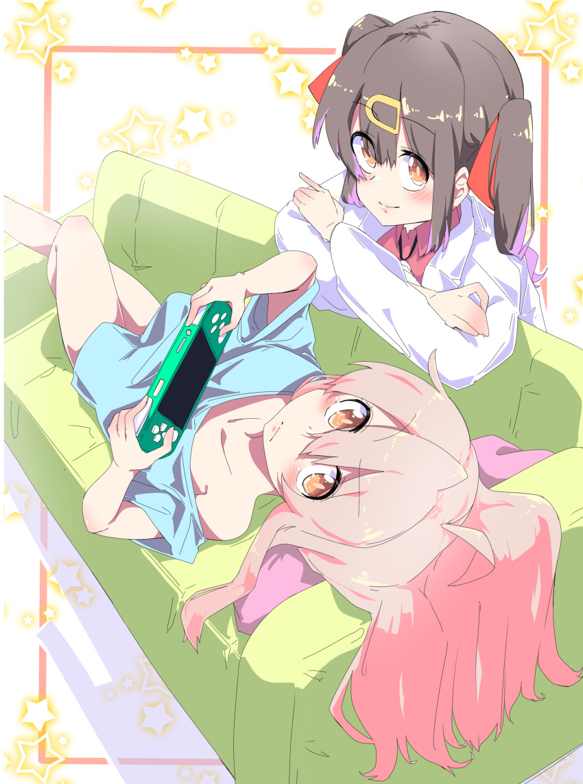 2girls absurdres ahoge black_hair blonde_hair blue_shirt blush coat collarbone couch hair_between_eyes hair_ornament hairclip highres lab_coat long_hair long_sleeves looking_at_viewer lying multiple_girls nerukichikatafukuma nintendo_switch nintendo_switch_lite on_back on_couch onii-chan_wa_oshimai! oyama_mahiro oyama_mihari shirt short_sleeves smile star_(symbol) twintails white_coat yellow_eyes