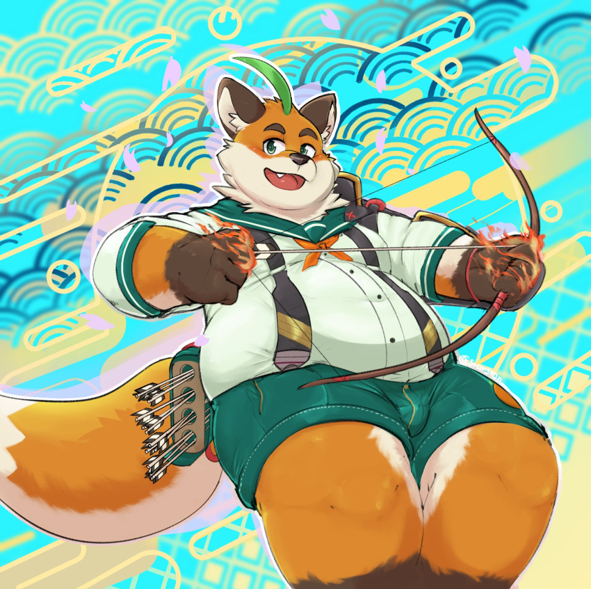 2022 anthro belly black_nose bottomwear bow_(weapon) canid canine clothing cute_fangs fox hi_res humanoid_hands iyo_(tamacolle) kemono male mammal orange_body overweight overweight_male ranged_weapon shirt shorts solo starston tamacolle topwear weapon