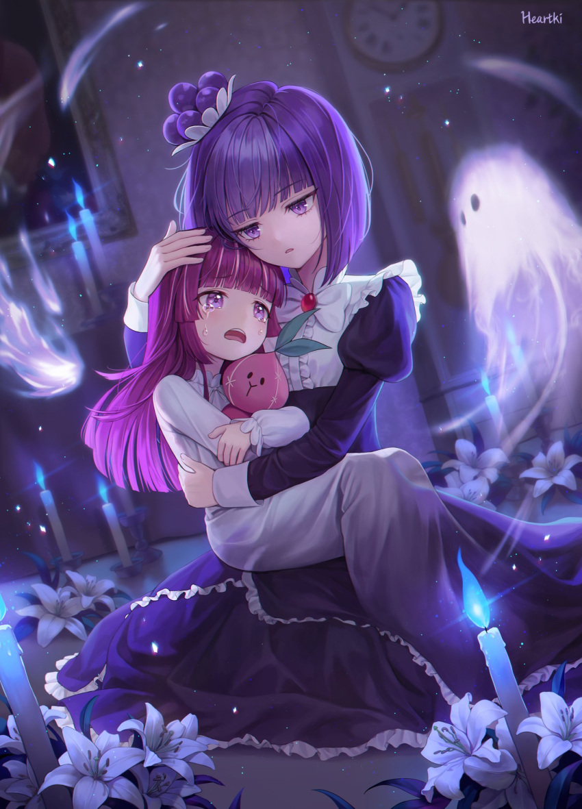 2girls artist_name blackberry_cookie blue_fire blunt_bangs blunt_ends blurry blurry_background bow candle comforting commentary_request cookie_run crying crying_with_eyes_open fire flower frills gem ghost heartki highres holding holding_stuffed_toy humanization indoors juliet_sleeves kneeling korean_commentary lolicon lolita_fashion long_hair long_sleeves mansion multicolored_hair multiple_girls nightgown onion_cookie open_mouth puffy_sleeves purple_eyes purple_hair short_hair sitting sitting_on_lap sitting_on_person streaked_hair stuffed_toy tears