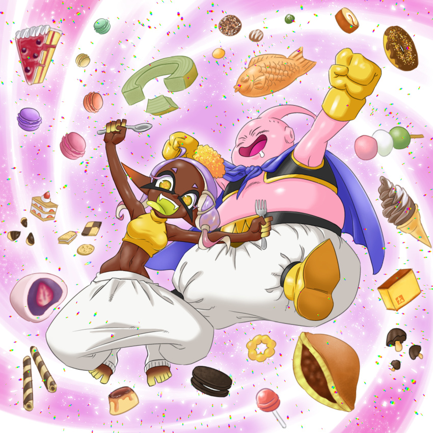 1boy :d absurdres arms_up asymmetrical_hair baggy_pants bare_shoulders black_vest blue_cape boots breasts cake cake_slice candy cape castella_(food) checkerboard_cookie closed_eyes colored_skin colored_tongue commentary_request cookie crop_top crossover daifuku dango dark-skinned_female dark_skin dorayaki doughnut dragon_ball drooling eyelashes fangs fat_buu female floating_hair food food-themed_hair_ornament forehead fork frye_(splatoon) full_body gloves gradient_hair green_tongue hair_ornament harem_pants highres holding holding_fork holding_spoon ice_cream ice_cream_cone ichigo_daifuku inkling lollipop looking_at_viewer macaron majin_buu medium_breasts medium_hair midriff multicolored_hair multicolored_skin namuro navel open_mouth oreo pants pink_background pink_hair pink_skin pointy_ears pon_de_ring pudding purple_hair sandwich_cookie sanshoku_dango shirt simple_background sleeveless sleeveless_shirt sleeveless_turtleneck smile socks soft_serve splatoon_(series) splatoon_3 spoon star-shaped_pupils star_(symbol) stomach strawberry_shortcake swiss_roll symbol-shaped_pupils taiyaki teeth tentacle_hair toeless_legwear toes tongue tongue_out turtleneck very_dark_skin vest wafer_stick wagashi white_background white_pants white_socks yellow_eyes yellow_footwear yellow_gloves yellow_shirt yellow_skin