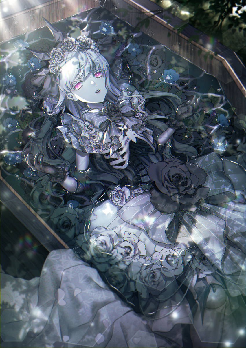 absurdres black_gloves crown cursola dress dress_flower female flower gloves hair_flower hair_ornament highres long_hair moe_(hamhamham) outdoors pale_skin partially_submerged personification petals pink_eyes pokemon ribs solo sunlight white_dress white_hair