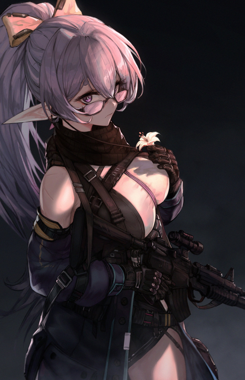 absurdres arknights assault_rifle black_background black_scarf blue_jacket bow breasts elf english_commentary eyebrows_hidden_by_hair female flower from_above gun hairbow highres holding holding_flower holding_gun holding_weapon indie_virtual_youtuber jacket jin_grey_paladin large_breasts long_pointy_ears looking_up m4_carbine off_shoulder orange_bow parody pointy_ears ponytail purple_eyes purple_hair rae_laveire rifle scarf scope solo style_parody virtual_youtuber weapon white_flower