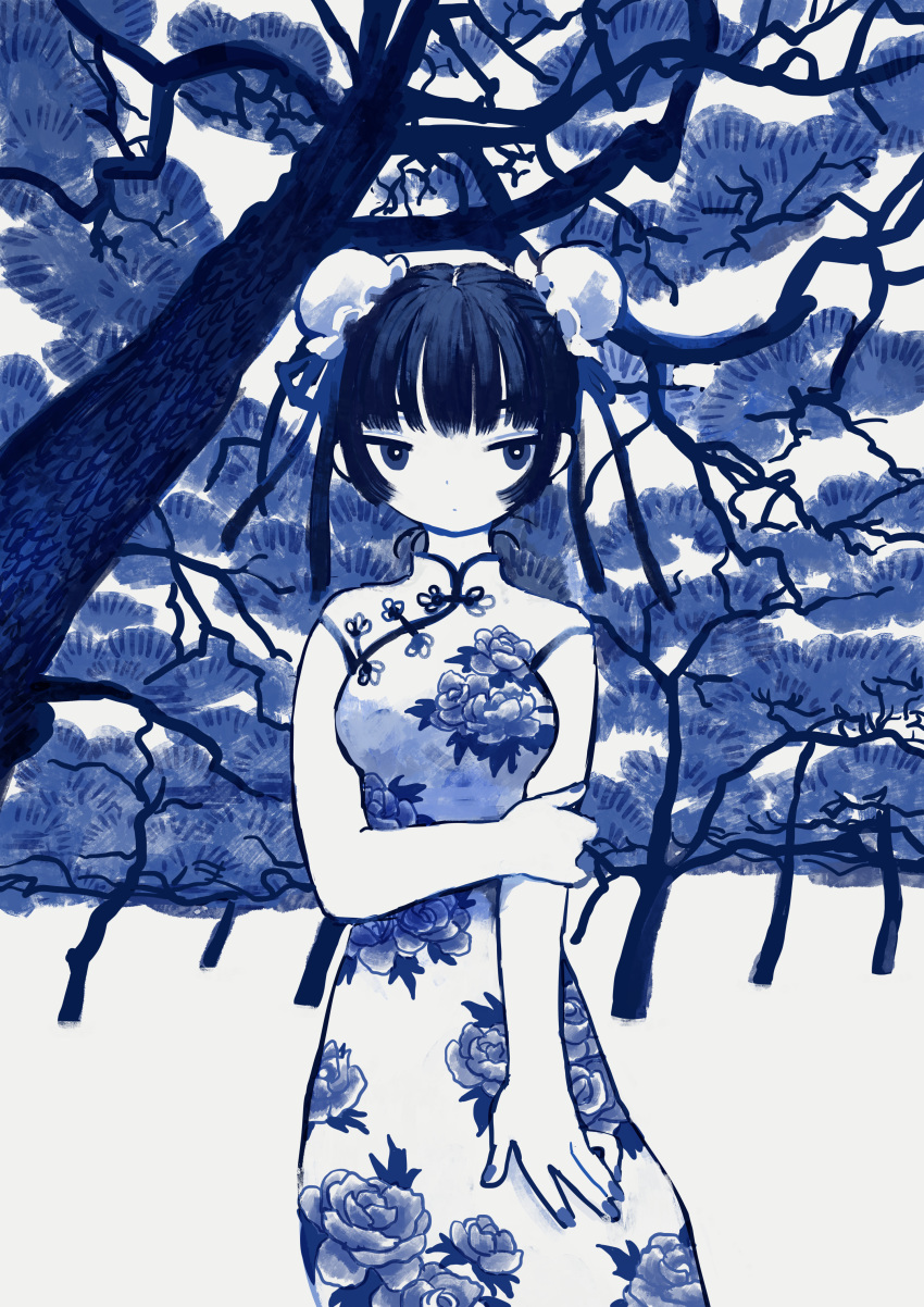 absurdres black_hair blue_eyes blue_nails blue_theme breasts china_dress chinese_clothes double_bun dress feet_out_of_frame female hair_bun highres medium_breasts monochrome original qinghua_(porcelain) solo tree zinbei