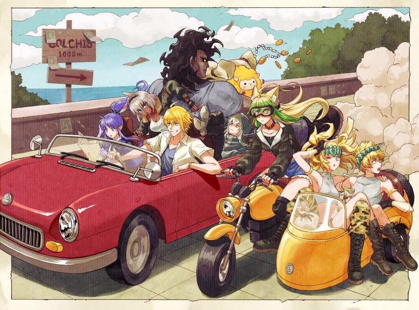 4boys 4girls animal_ears arrow_(symbol) asclepius_(fate) atalanta_(fate) blonde_hair caenis_(fate) camouflage car castor_(fate) coin dark-skinned_female dark_skin fate/grand_order fate_(series) goggles gold_coin green_hair grin heracles_(fate) highres jason_(fate) long_hair map medea_(lily)_(fate) motor_vehicle motorcycle multiple_boys multiple_girls nn_(nnenuenun) outdoors pollux_(fate) purple_hair road_sign sign smile vehicle_focus white_hair