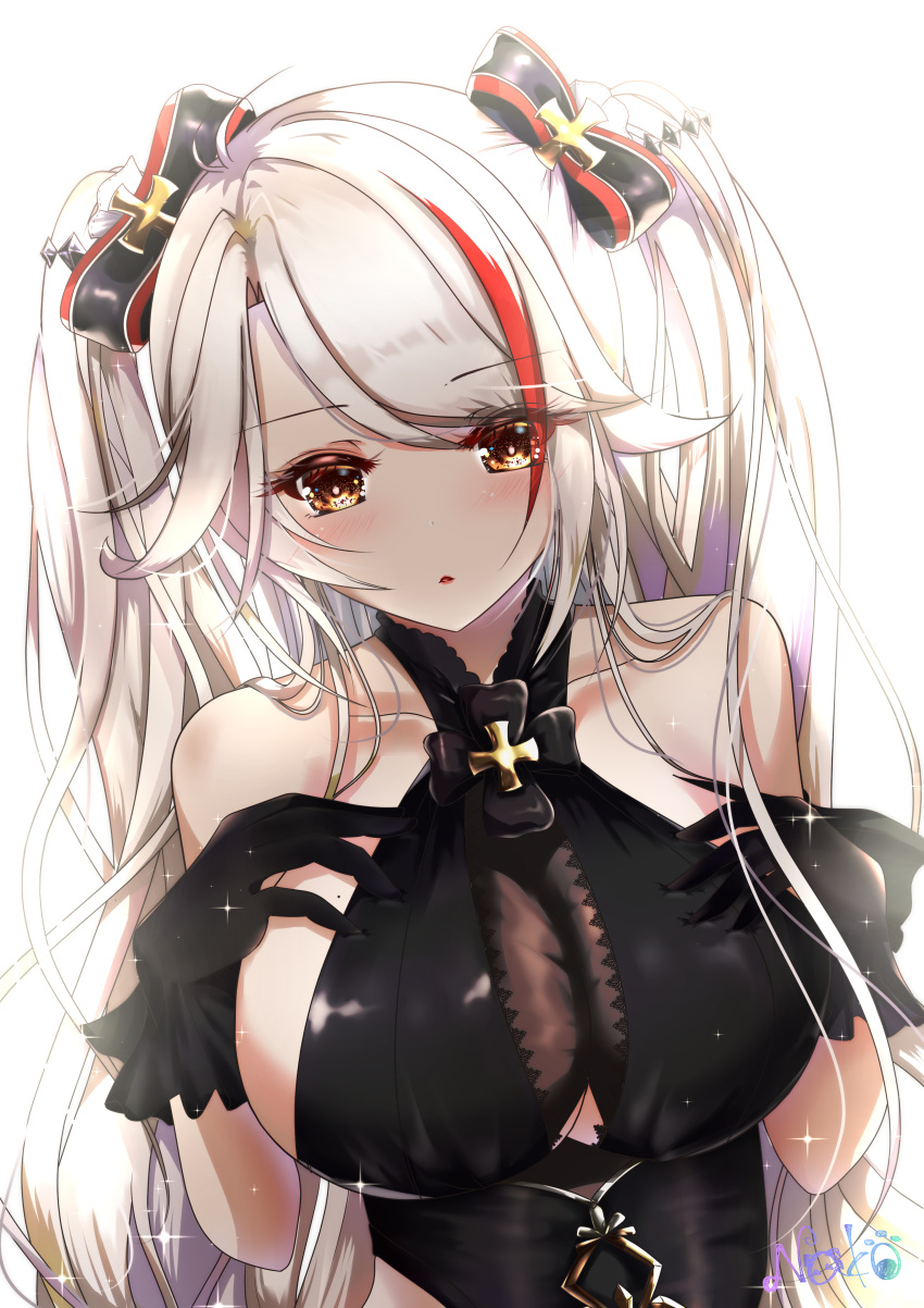 absurdres antenna_hair azur_lane bare_shoulders black_dress black_gloves blush bow breasts brown_eyes collarbone commentary_request cross dress female gloves hands_on_own_chest highres iron_cross large_breasts long_hair looking_at_viewer mole mole_on_breast multicolored_bow multicolored_hair nako_nya official_alternate_costume open_mouth prinz_eugen_(azur_lane) prinz_eugen_(cordial_cornflower)_(azur_lane) red_hair simple_background streaked_hair swept_bangs two_side_up white_background white_hair