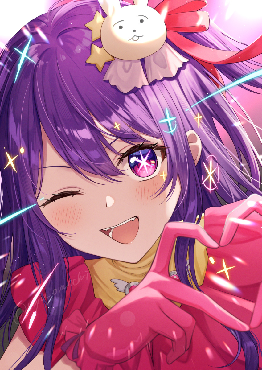 absurdres commentary_request fangs female gloves hair_ornament heart heart_hands highres hoshino_ai_(oshi_no_ko) idol idol_clothes mochiko_(uyu_omochi) one_eye_closed oshi_no_ko purple_eyes purple_hair rabbit_hair_ornament solo sparkle star-shaped_pupils star_(symbol) star_hair_ornament symbol-shaped_pupils