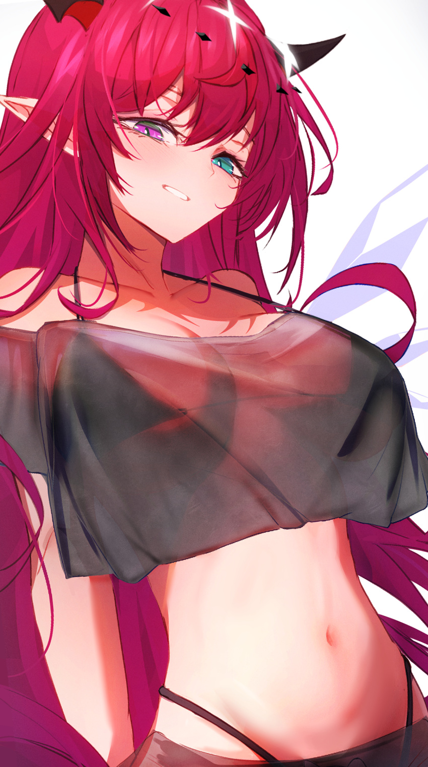 alternate_costume aqua_eyes arms_at_sides bare_shoulders bra_visible_through_clothes breasts breasts_apart bright_pupils casual crop_top crop_top_overhang female getto grin halo heterochromia highleg highleg_panties highres hololive hololive_english irys_(hololive) long_hair looking_at_viewer medium_breasts midriff navel off-shoulder_shirt off_shoulder panties pink_eyes purple_hair see-through shirt simple_background smile solo underwear upper_body very_long_hair virtual_youtuber white_background