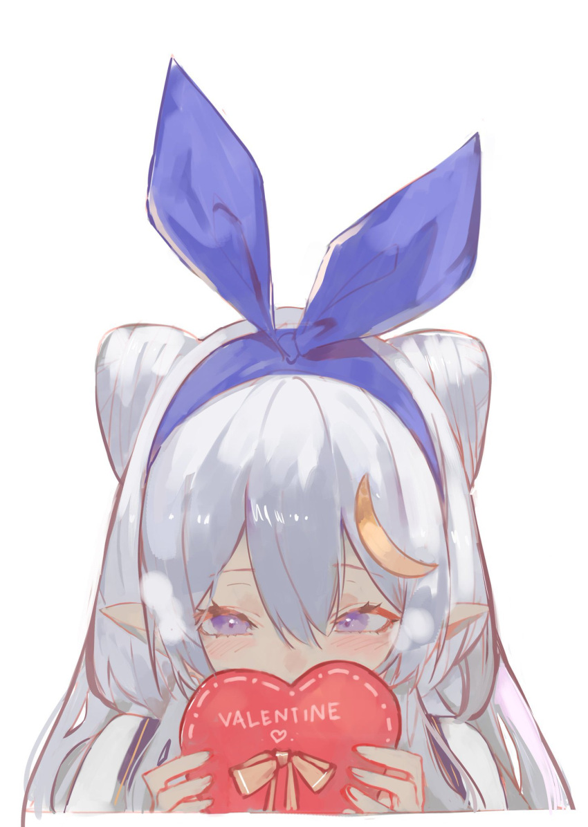 blue_bow bow box candy chocolate cone_hair_bun dokuro_deluxe double_bun elf english_commentary female food grey_hair hair_bun hairbow heart heart-shaped_chocolate highres holding holding_box indie_virtual_youtuber long_pointy_ears orange_bow pointy_ears purple_eyes second-party_source solo upper_body valentine virtual_youtuber white_background yakitsuki_(vtuber)